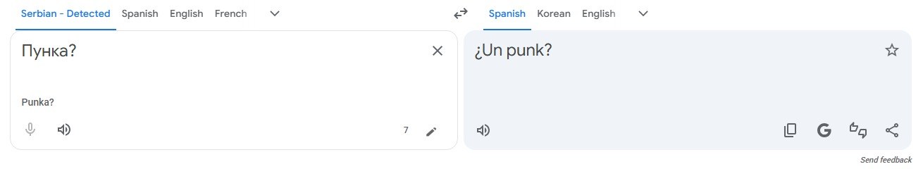 El traductor detecta «Пунка?» como serbio, no ruso, y lo traduce como «¿Un punk?».